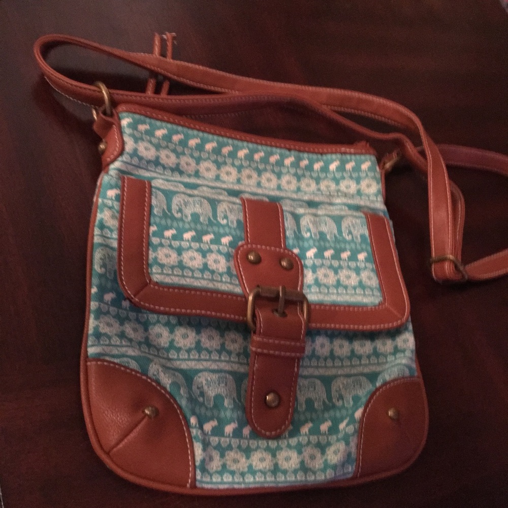 Elephant print blue bag with faux leather details